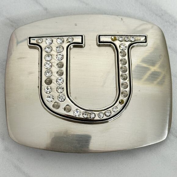 Rhinestone Studded U Letter Initial Monogram Silver Tone Belt Buckle - Picture 1 of 9